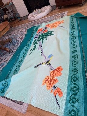 Vintage Large Bird Blanket - Handmade Needlepoint Songbird on Tree - Petit Point